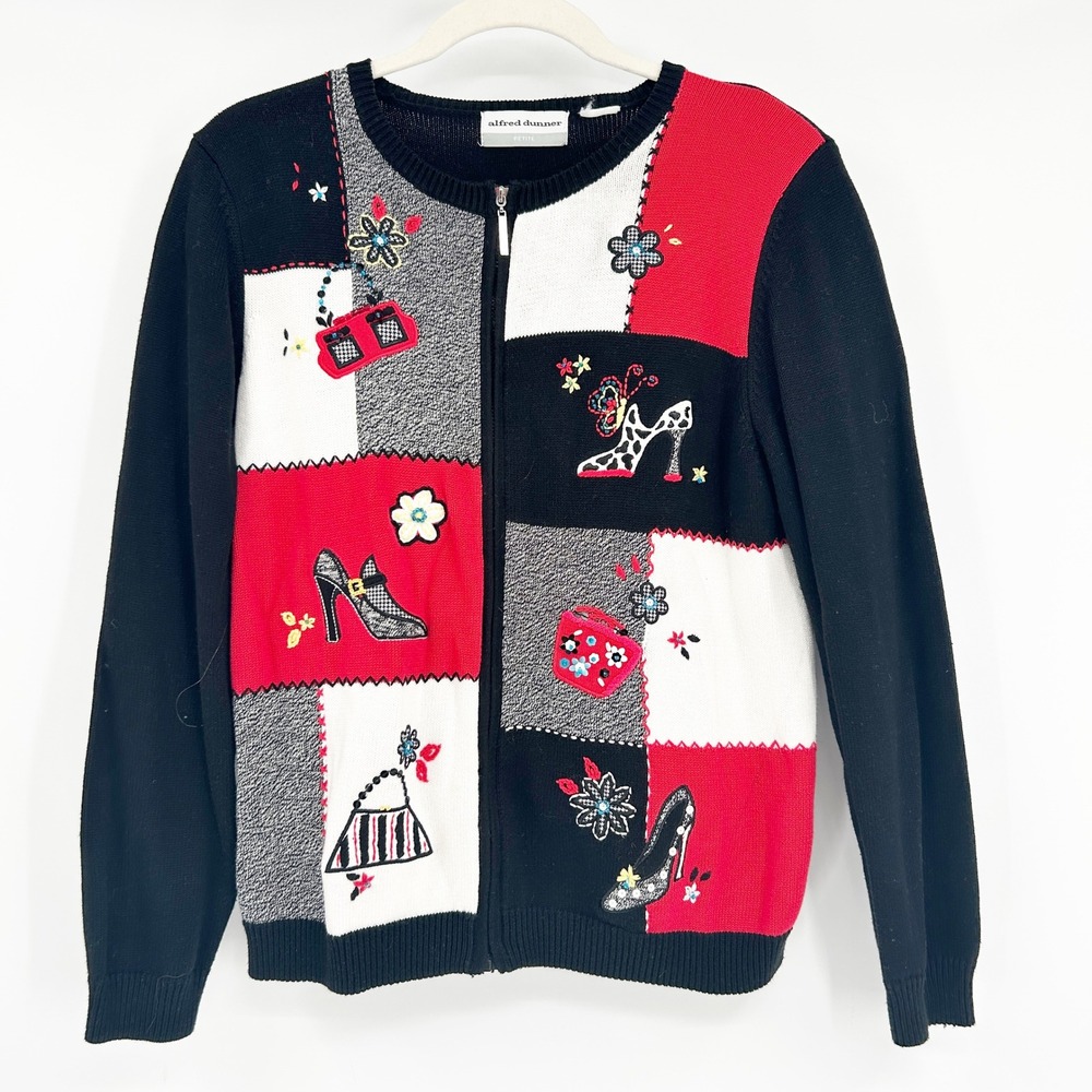 Alfred‎ Dunner Womens Vintage New York Shopping Zip Up Novelty Cardigan Sweater